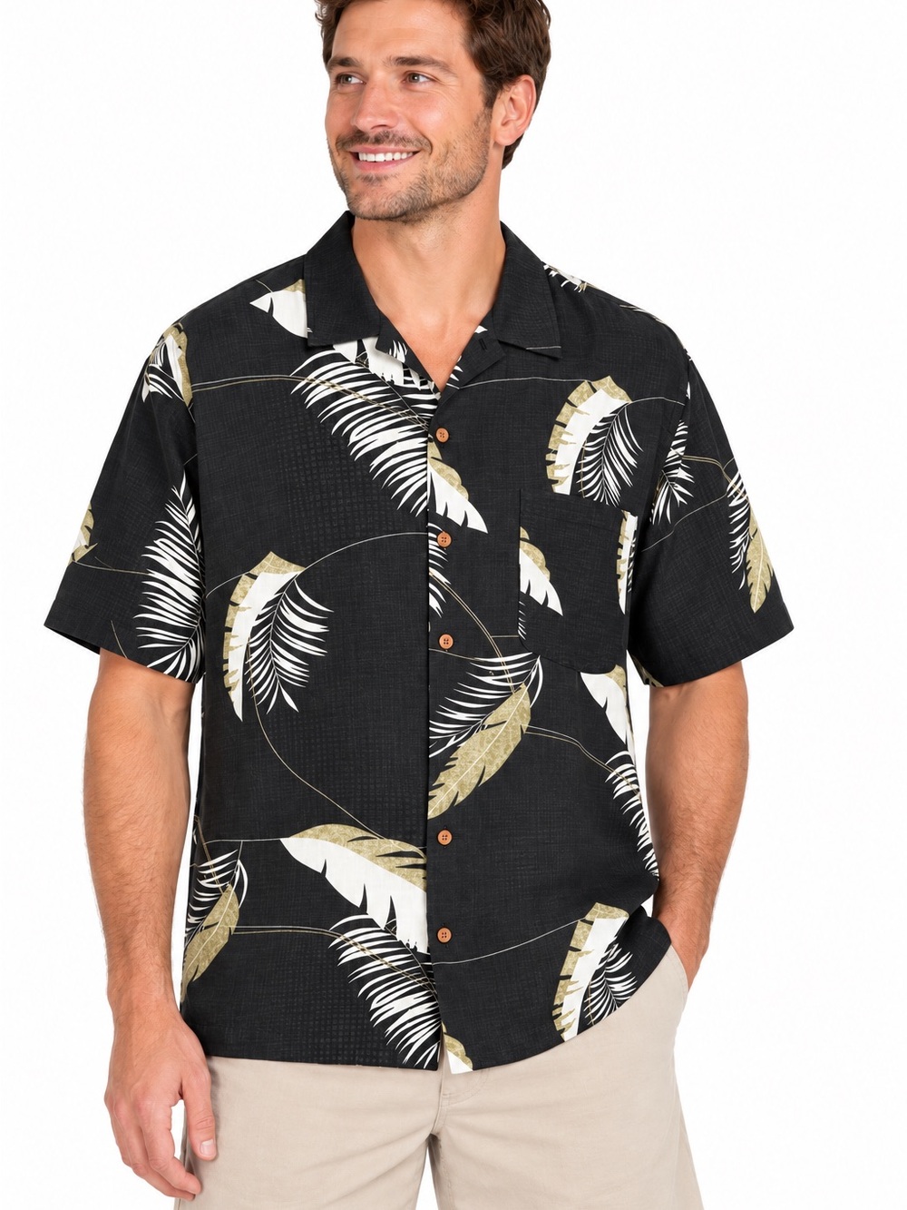 Vintage Tommy Bahama Black Silk/Linen Palm Leaf Hawaiian Aloha Camp Shirt L - Picture 1 of 7